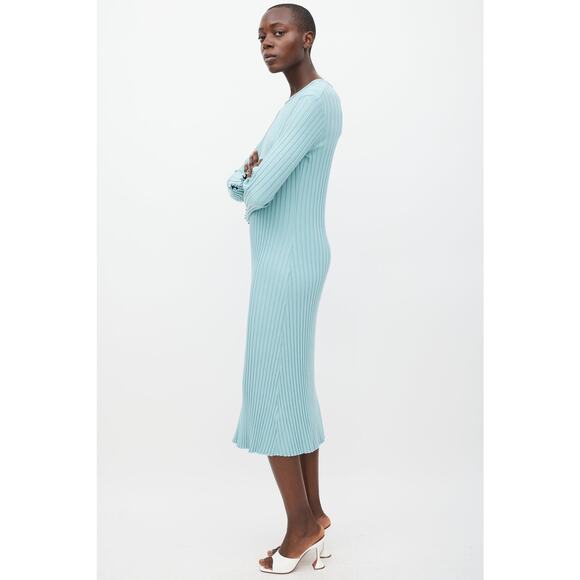SIMON MILLER Teal Light Blue Ribbed Long Sleeve Fitted Maxi Dress Size Medium - Picture 4 of 14